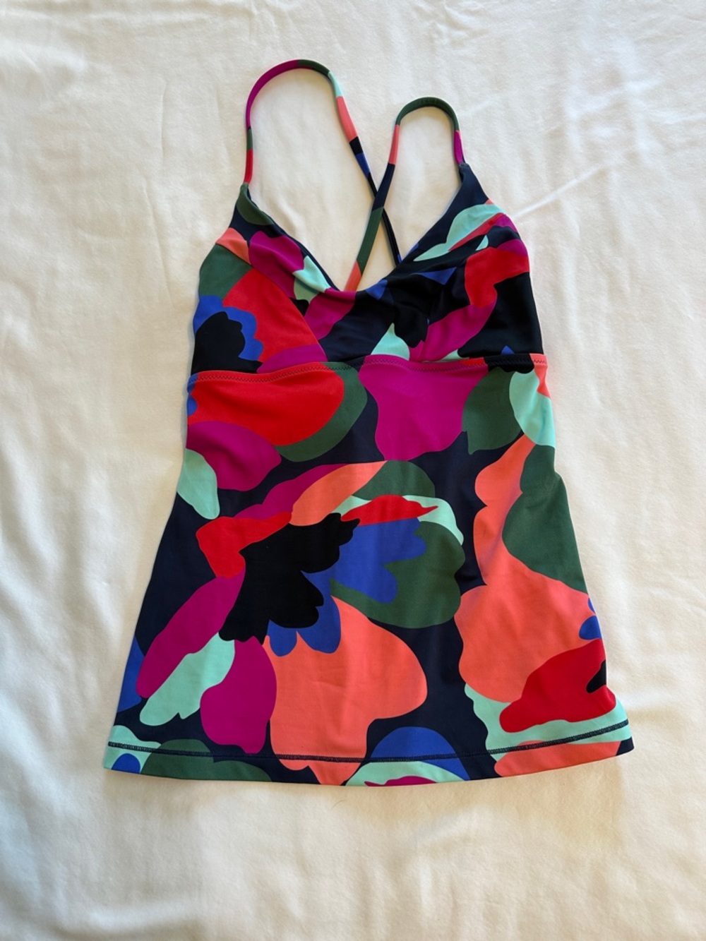 Athleta Black Floral Colorblock Triangle Tankini Top with Pink & Green Accents